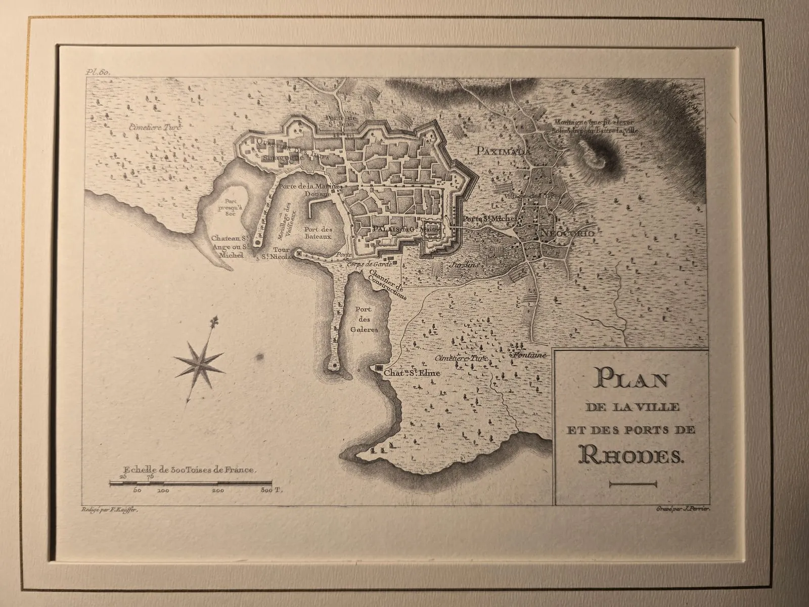 Plan miasta i portów Rodos — mapa J. Perriera z 1842 roku